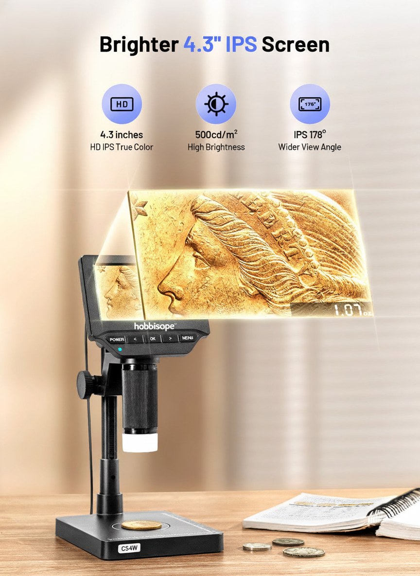 hobbiscope CS4 Coin Microscope with Built-in Scale, 4.3" Screen