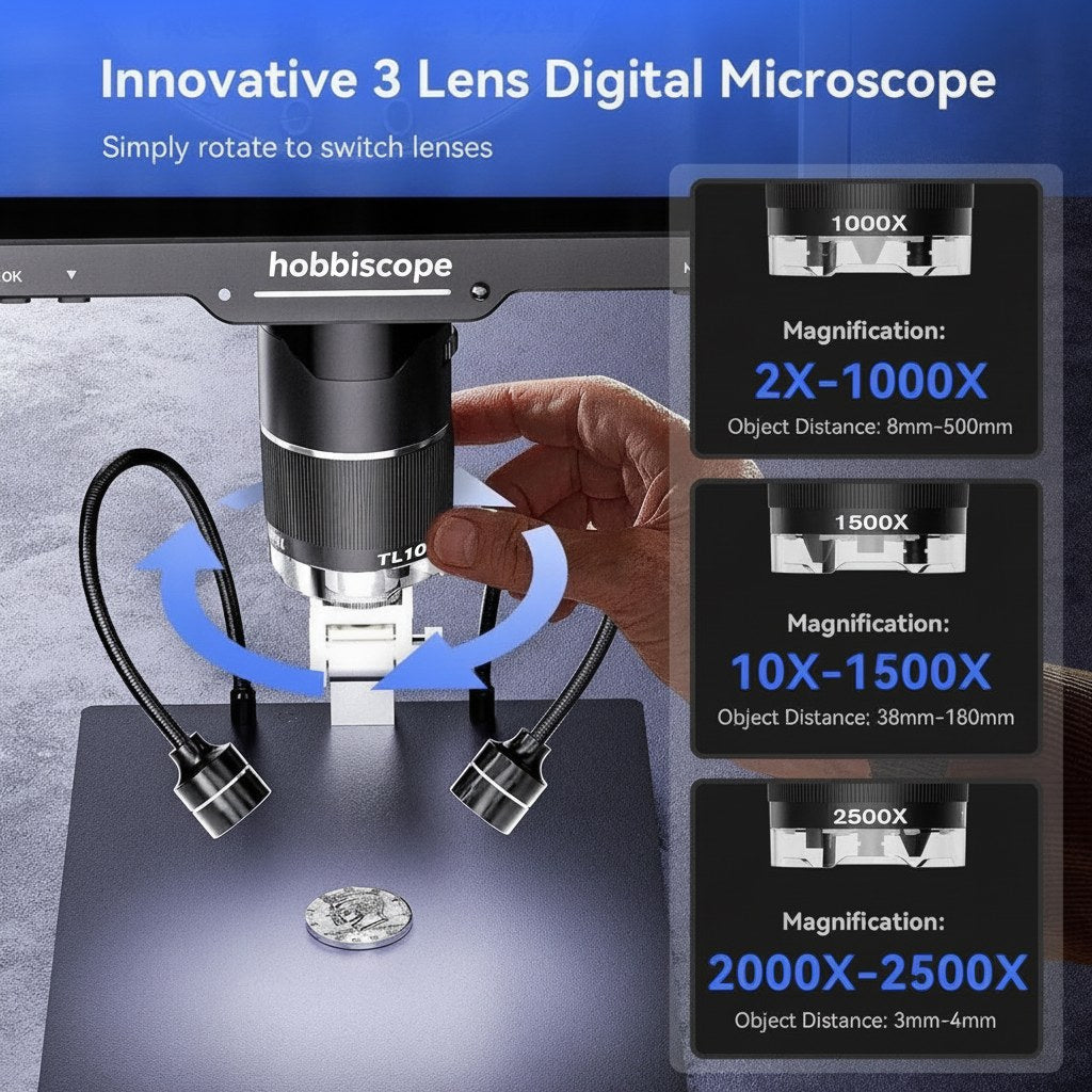 hobbiscope TL10 3-Lens HDMI Digital Microscope 2500X, 10.1" Screen