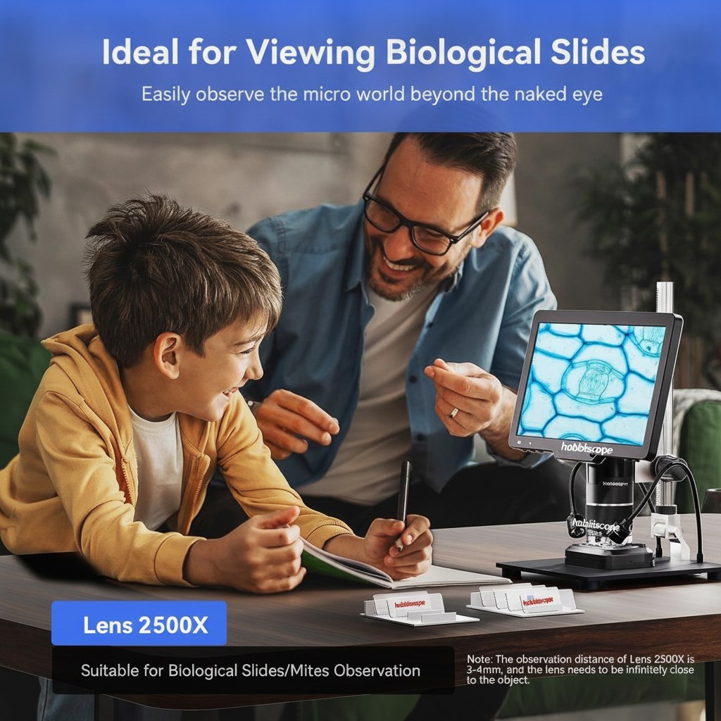 hobbiscope TL10 3-Lens HDMI Digital Microscope 2500X, 10.1" Screen