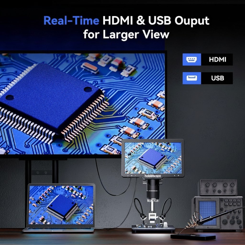 hobbiscope TL10 3-Lens HDMI Digital Microscope 2500X, 10.1" Screen