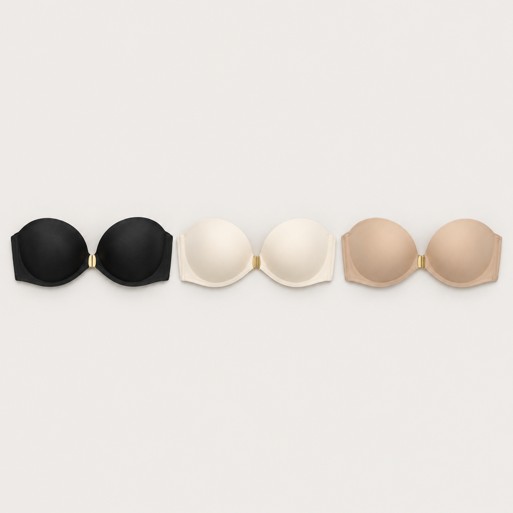Trois soutiens-gorge push-up sans bretelles : noir, crème, beige