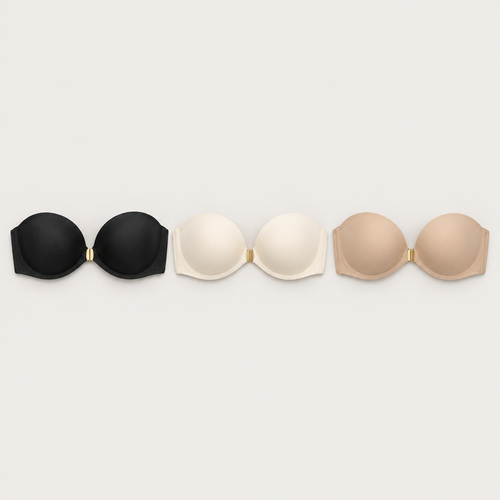 Trois soutiens-gorge push-up sans bretelles : noir, crème, beige